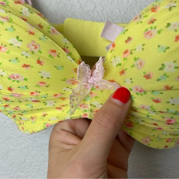 Victoria's Secret Butter Yellow and Pink Floral Bra Padded Demi Size 36D - Picture 3 of 9